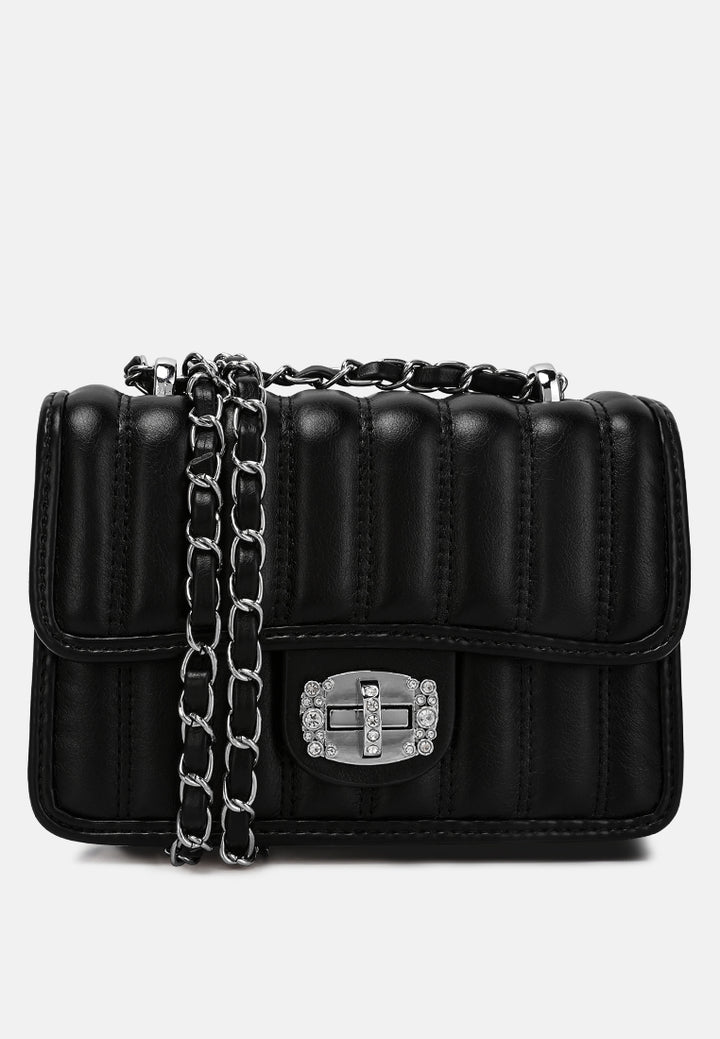 rhinestone embellished lock flap bag#color_black