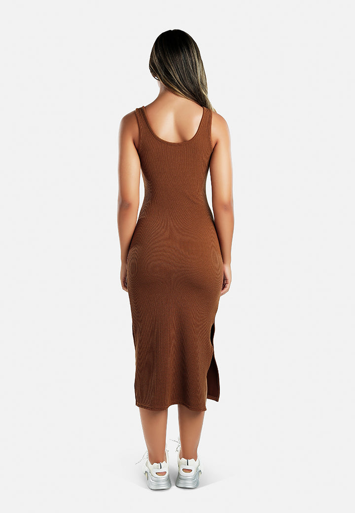 ribbed knit slit tank dress#color_brown