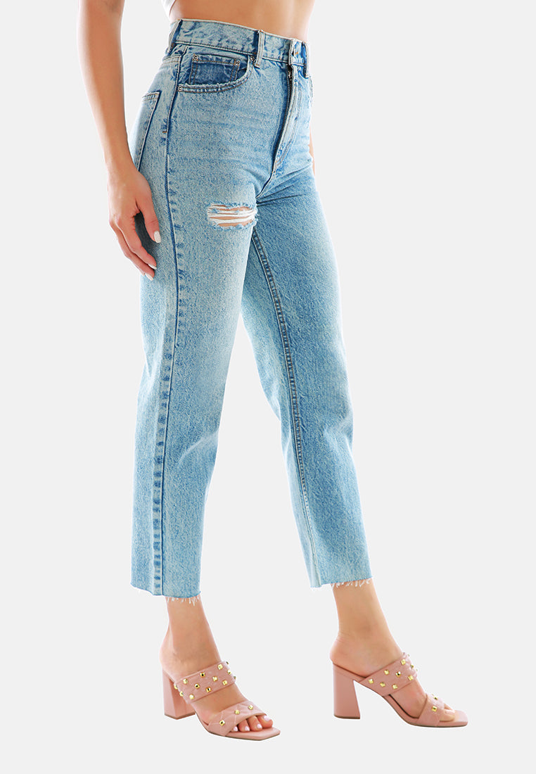ripped raw hem washed jeans pants#color_mid-blue