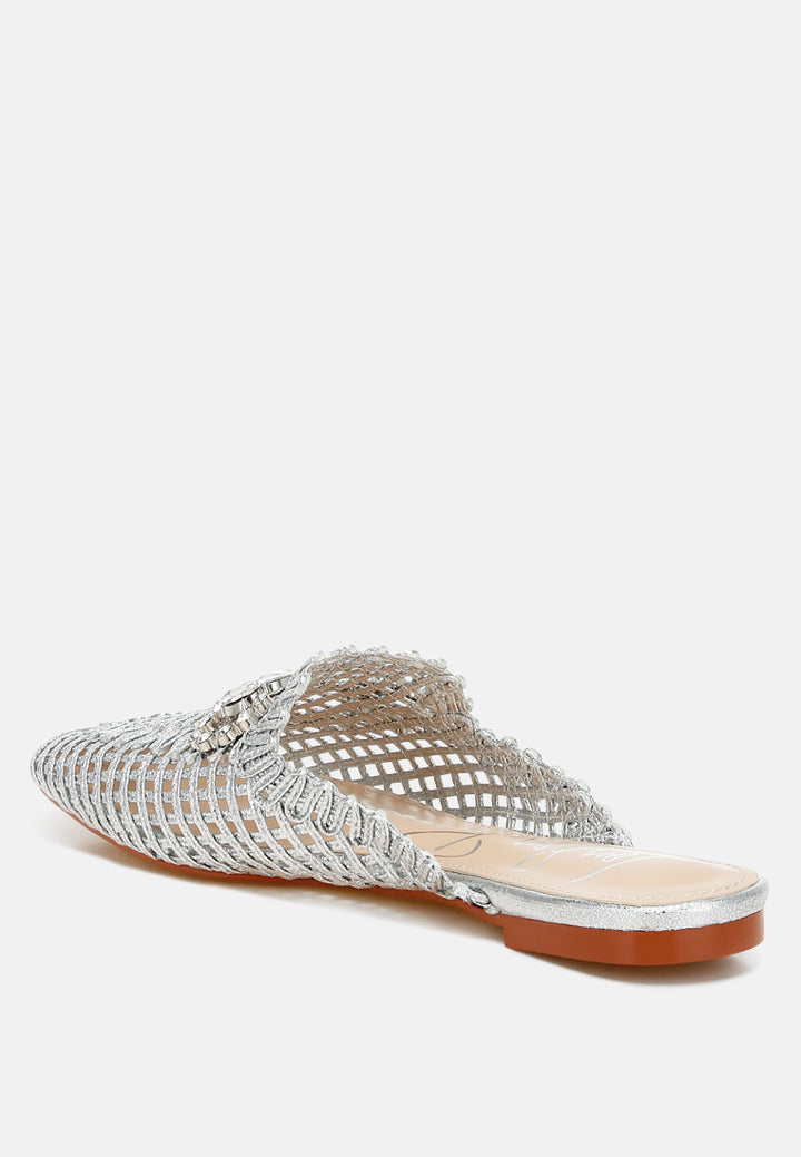 roboma metallic woven diamante mules#color_silver