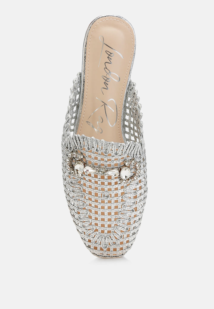 roboma metallic woven diamante mules#color_silver