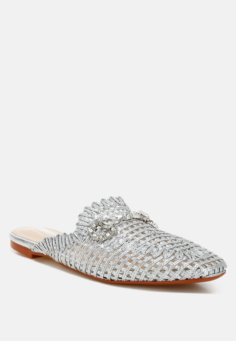 roboma metallic woven diamante mules#color_silver