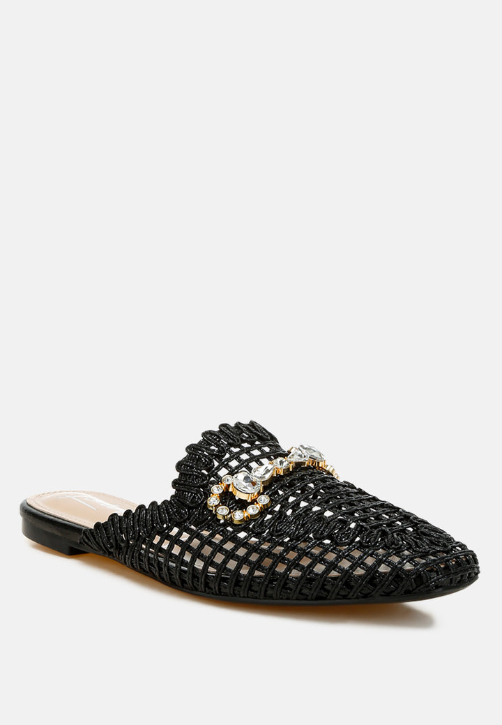 roboma metallic woven diamante mules#color_black