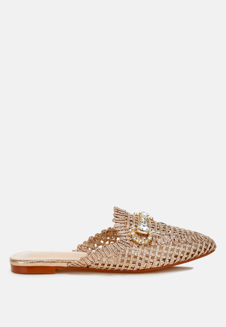 roboma metallic woven diamante mules#color_rose-gold