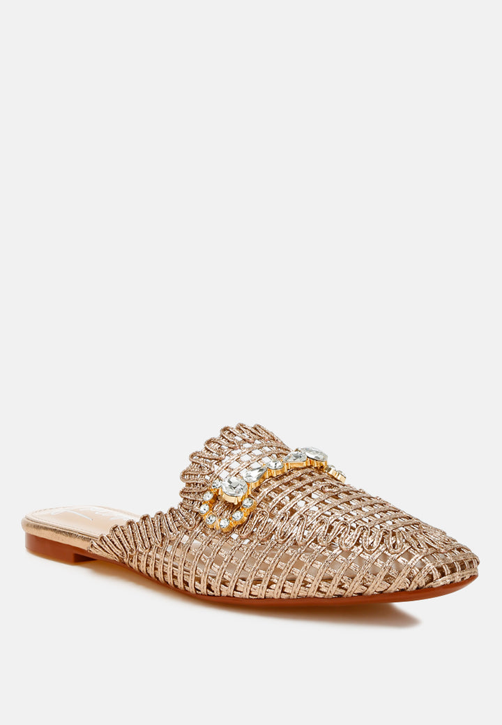 roboma metallic woven diamante mules#color_rose-gold