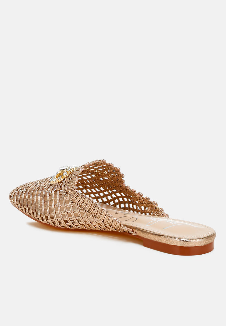 roboma metallic woven diamante mules#color_rose-gold