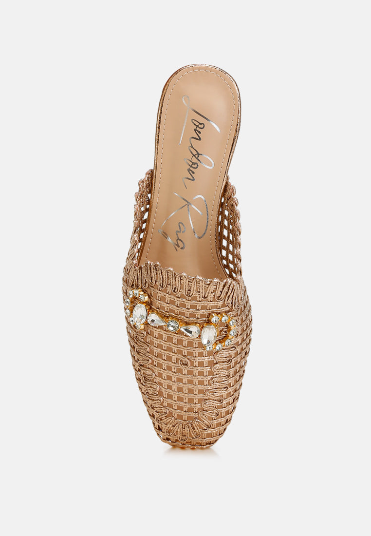 roboma metallic woven diamante mules#color_rose-gold