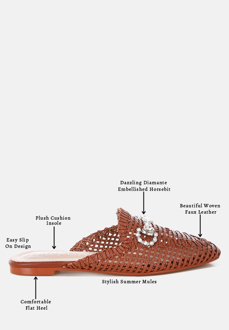 roboma metallic woven diamante mules#color_brown