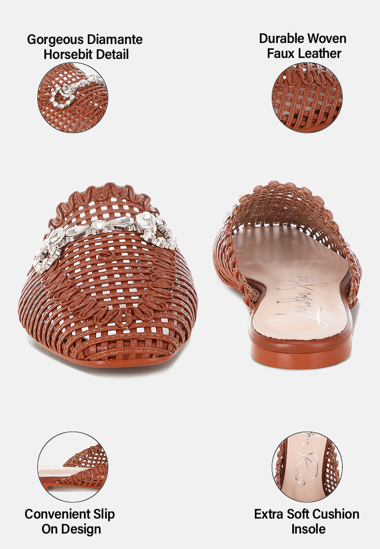 roboma metallic woven diamante mules#color_brown