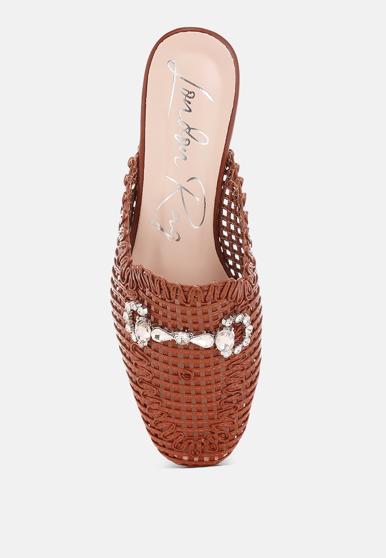 roboma metallic woven diamante mules#color_brown