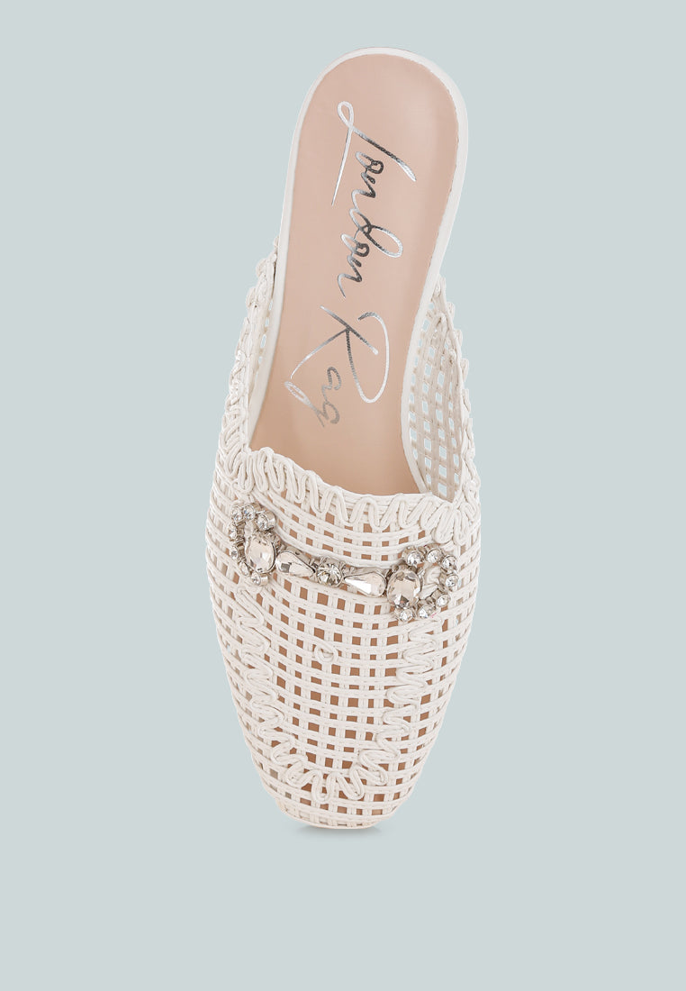 roboma metallic woven diamante mules#color_white