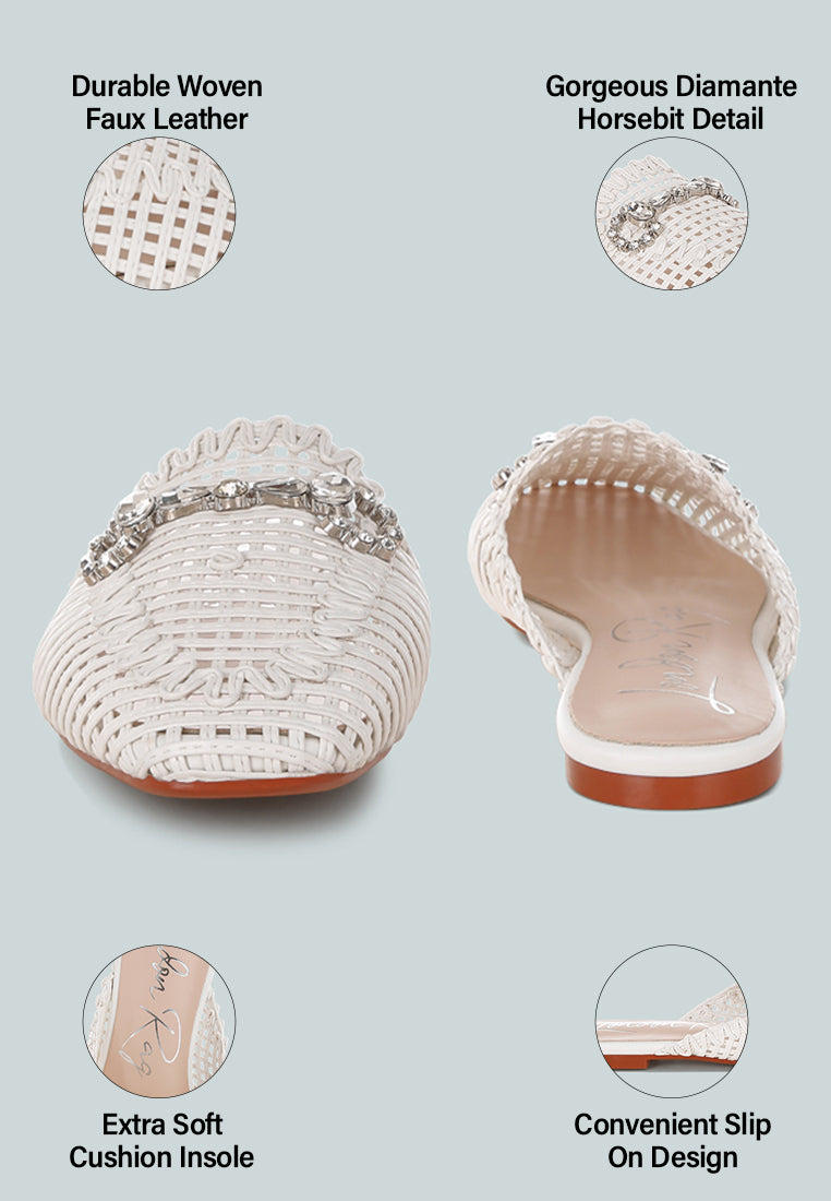 roboma metallic woven diamante mules#color_white