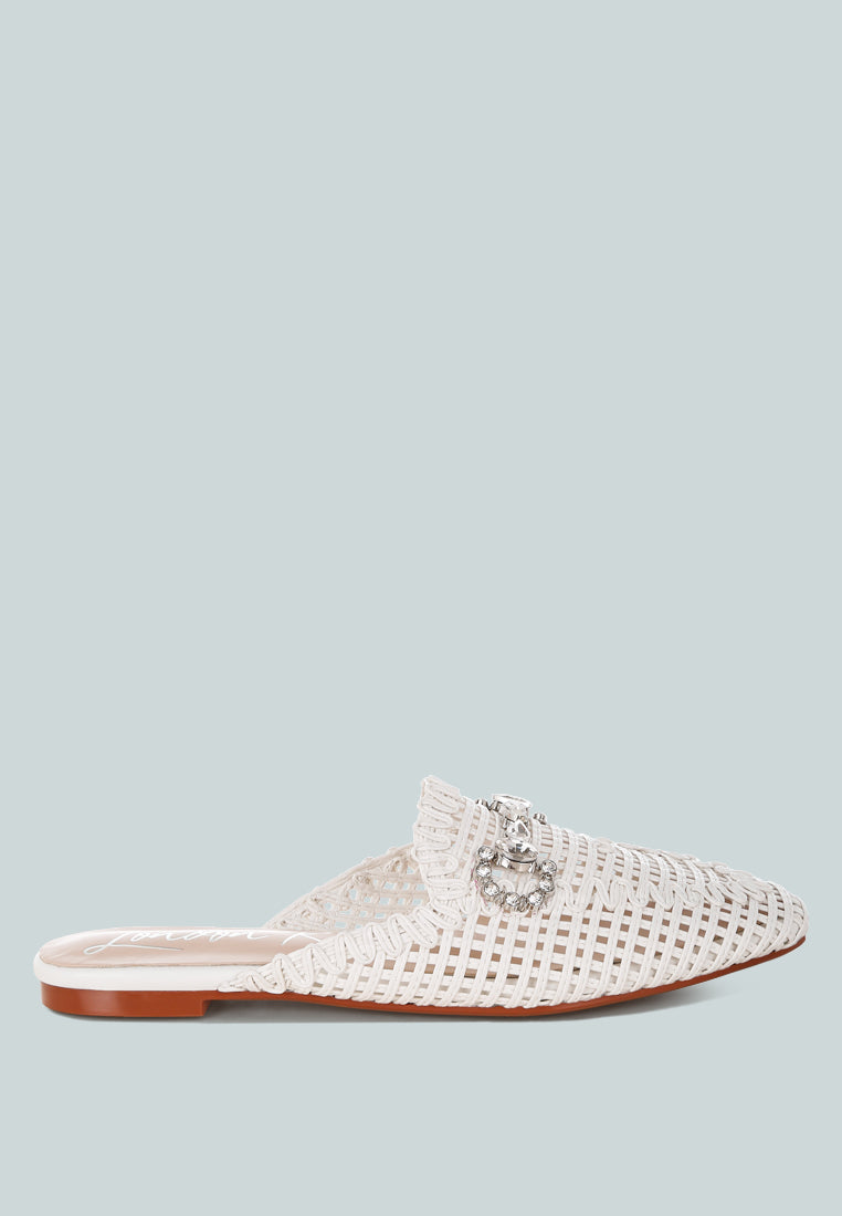 roboma metallic woven diamante mules#color_white