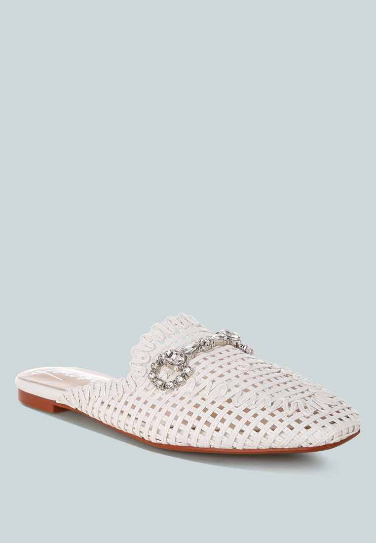 roboma metallic woven diamante mules#color_white
