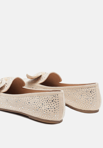 dewdrops embellished casual bow loafers#color_beige