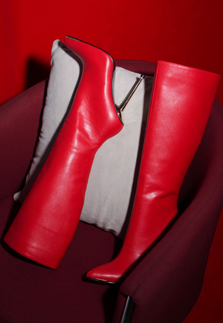 hale faux leather pointed heel calf boots#color_red
