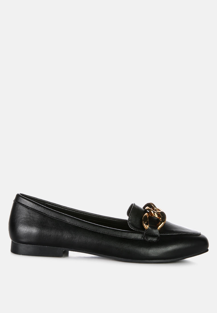 chunky metal chain faux leather loafers#color_black