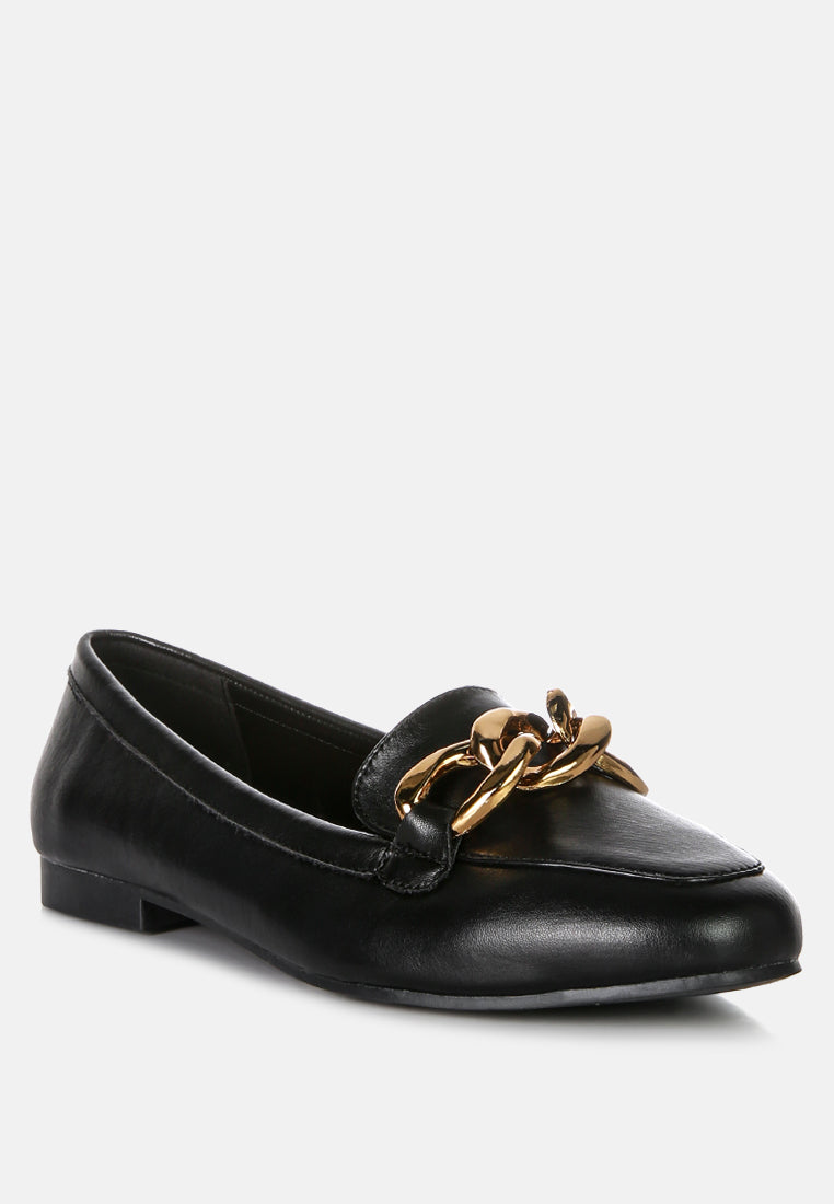chunky metal chain faux leather loafers#color_black
