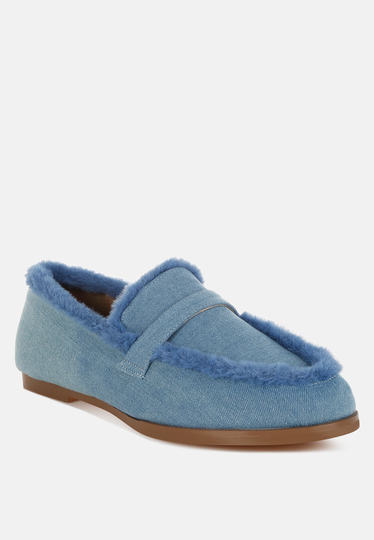 fur detail denim loafers by rag#color_blue