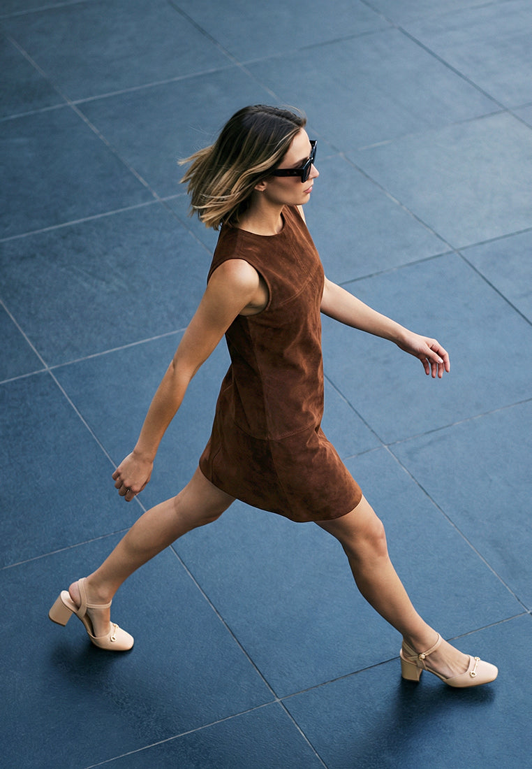 structured seam detail sleeveless shift dress by ruw#color_tan