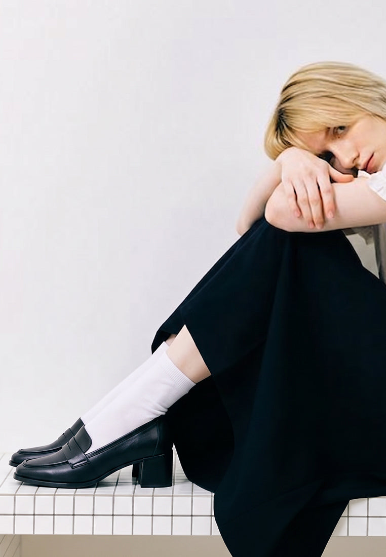 sutapa penny strap flared block heel loafers#color_black-smooth