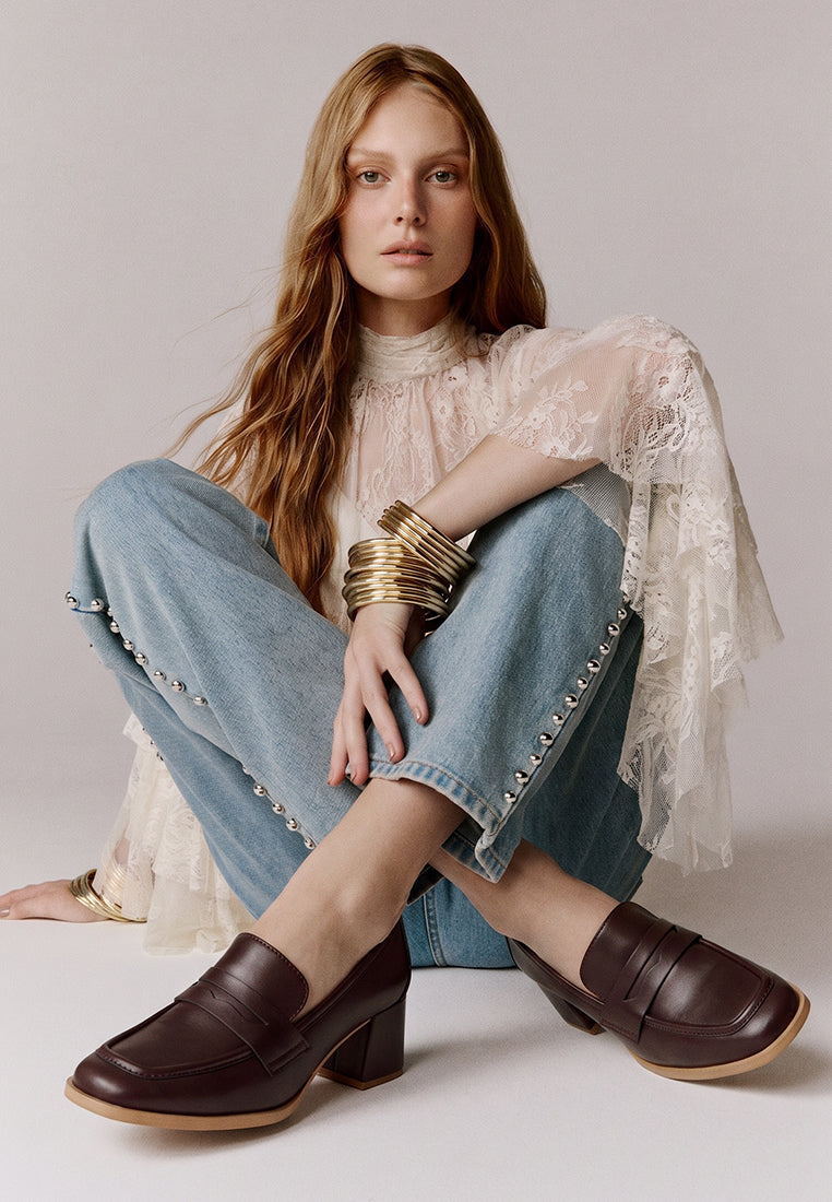 sutapa penny strap flared block heel loafers#color_brown-smooth