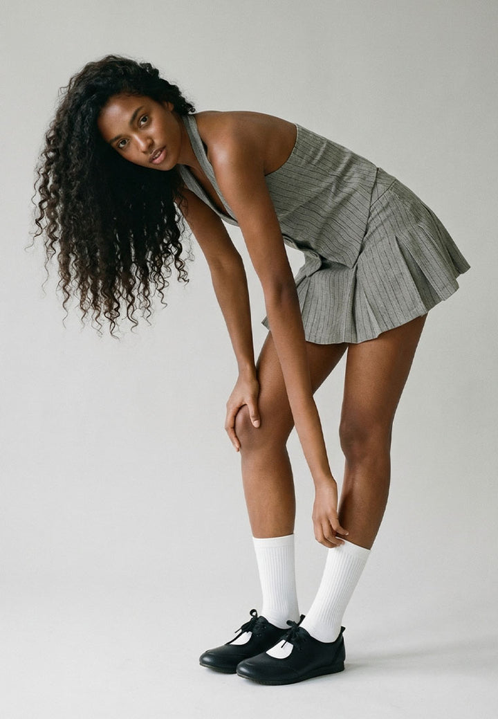 herringbone mini pleated skirt by ruw#color_taupe