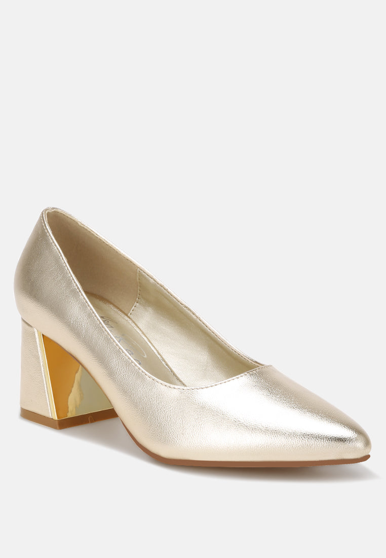 Cosma Pointed Toe Block Heels#color_gold