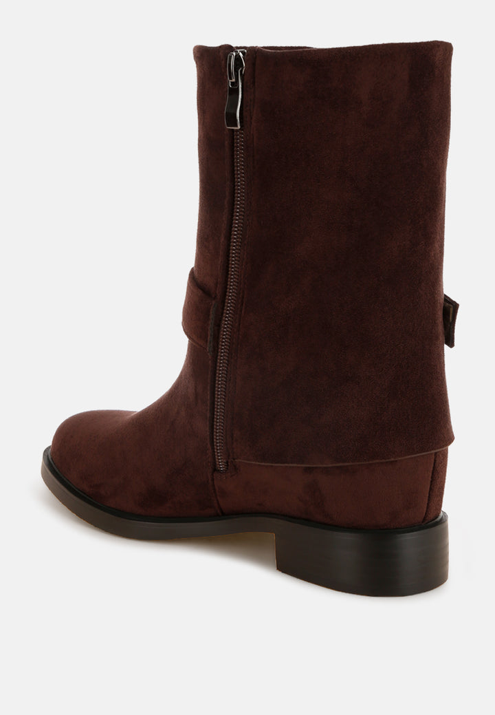 Tall & Taken Harness Detail Calf Boots#color_brown-suede