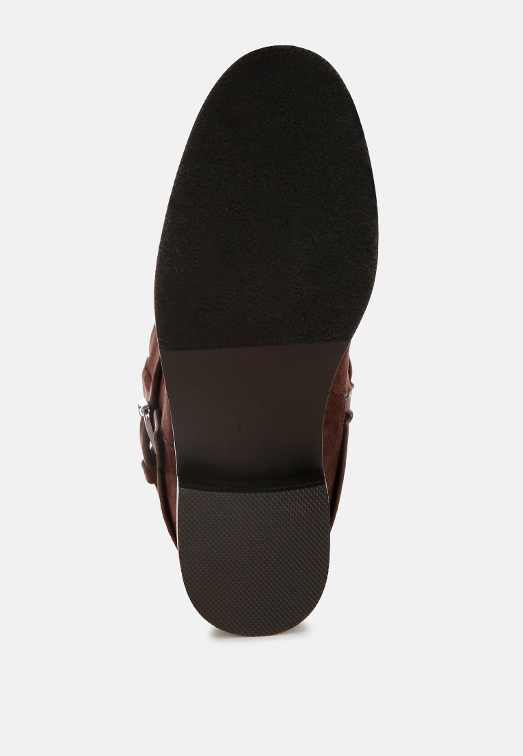 Tall & Taken Harness Detail Calf Boots#color_brown-suede