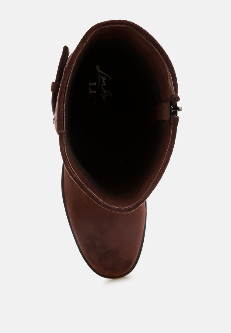 Tall & Taken Harness Detail Calf Boots#color_brown-suede