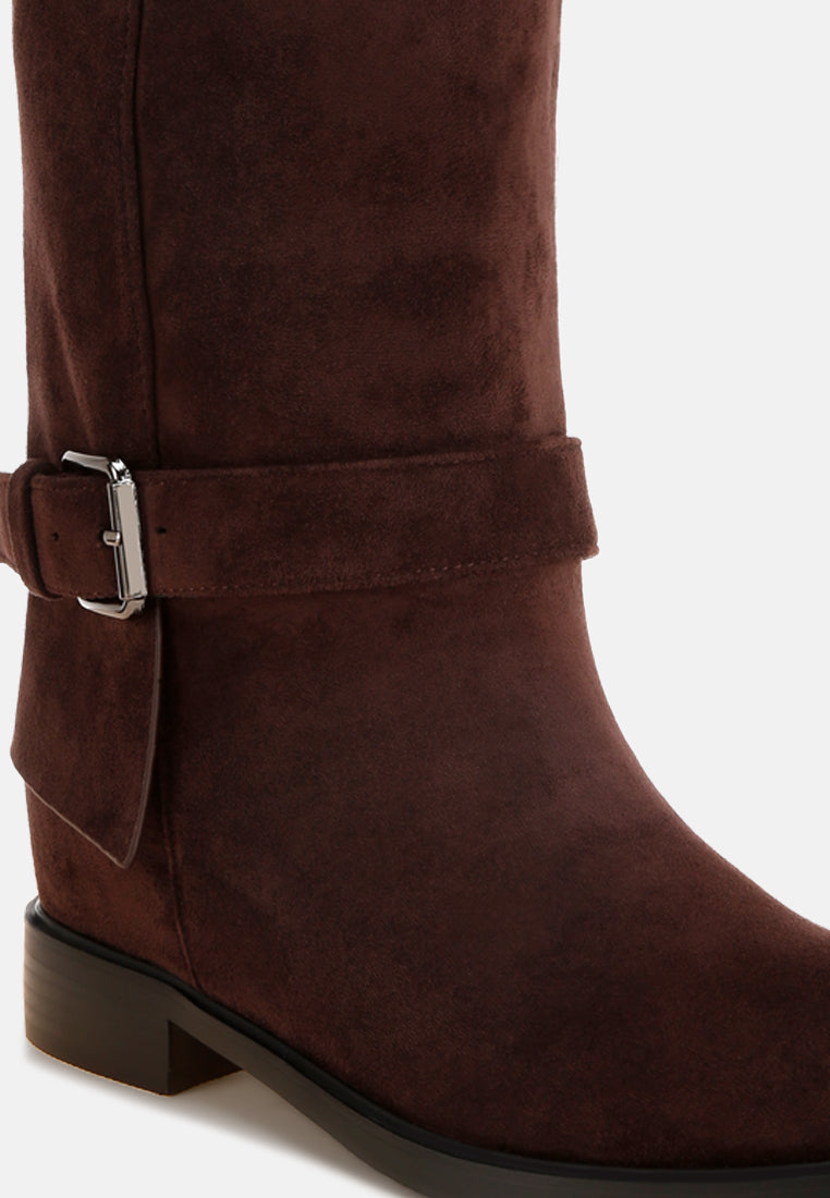 Tall & Taken Harness Detail Calf Boots#color_brown-suede