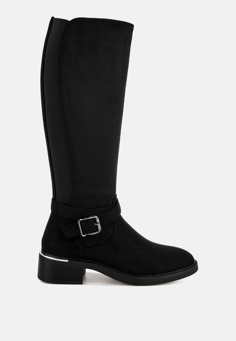 basheba buckle strap knee-high boots#color_black-suede
