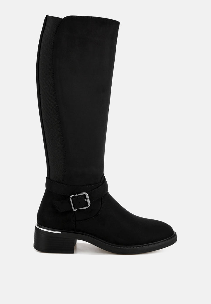 basheba buckle strap knee-high boots#color_black-suede