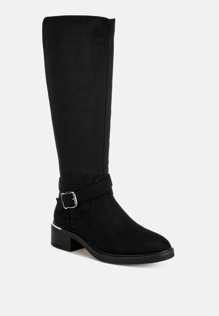 basheba buckle strap knee-high boots#color_black-suede