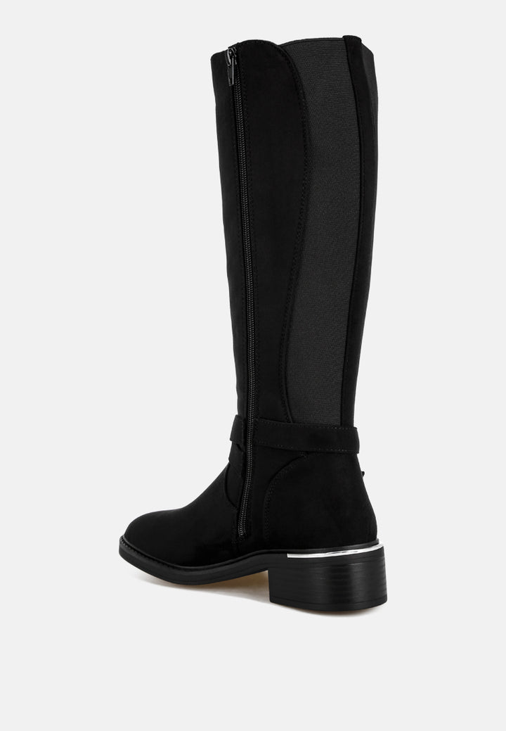 basheba buckle strap knee-high boots#color_black-suede