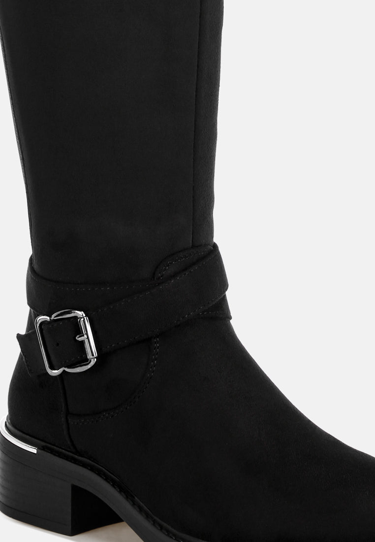 basheba buckle strap knee-high boots#color_black-suede