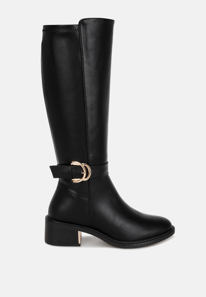 Lewang Metallic Buckle Detail Long Boots#color_black-smooth