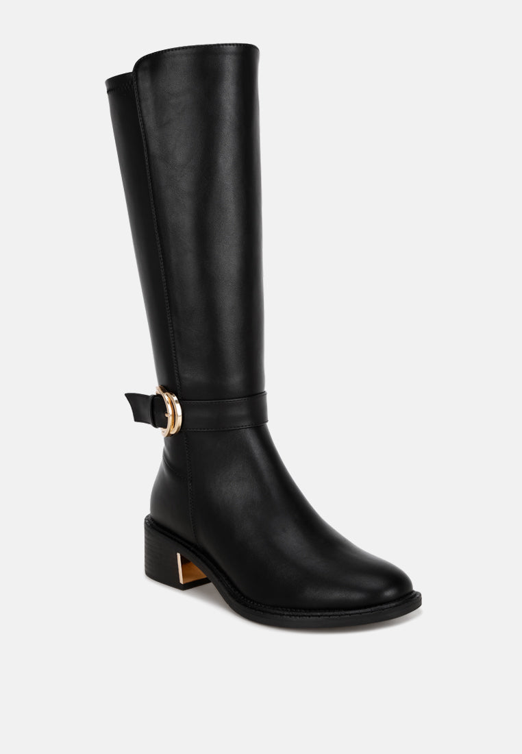 Lewang Metallic Buckle Detail Long Boots#color_black-smooth