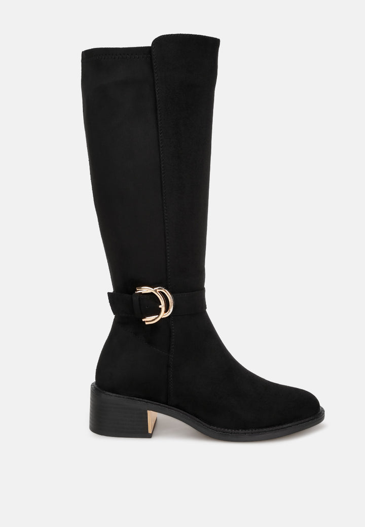 Lewang Metallic Buckle Detail Long Boots#color_black-suede