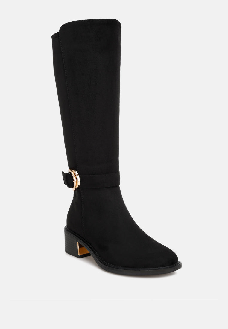 Lewang Metallic Buckle Detail Long Boots#color_black-suede