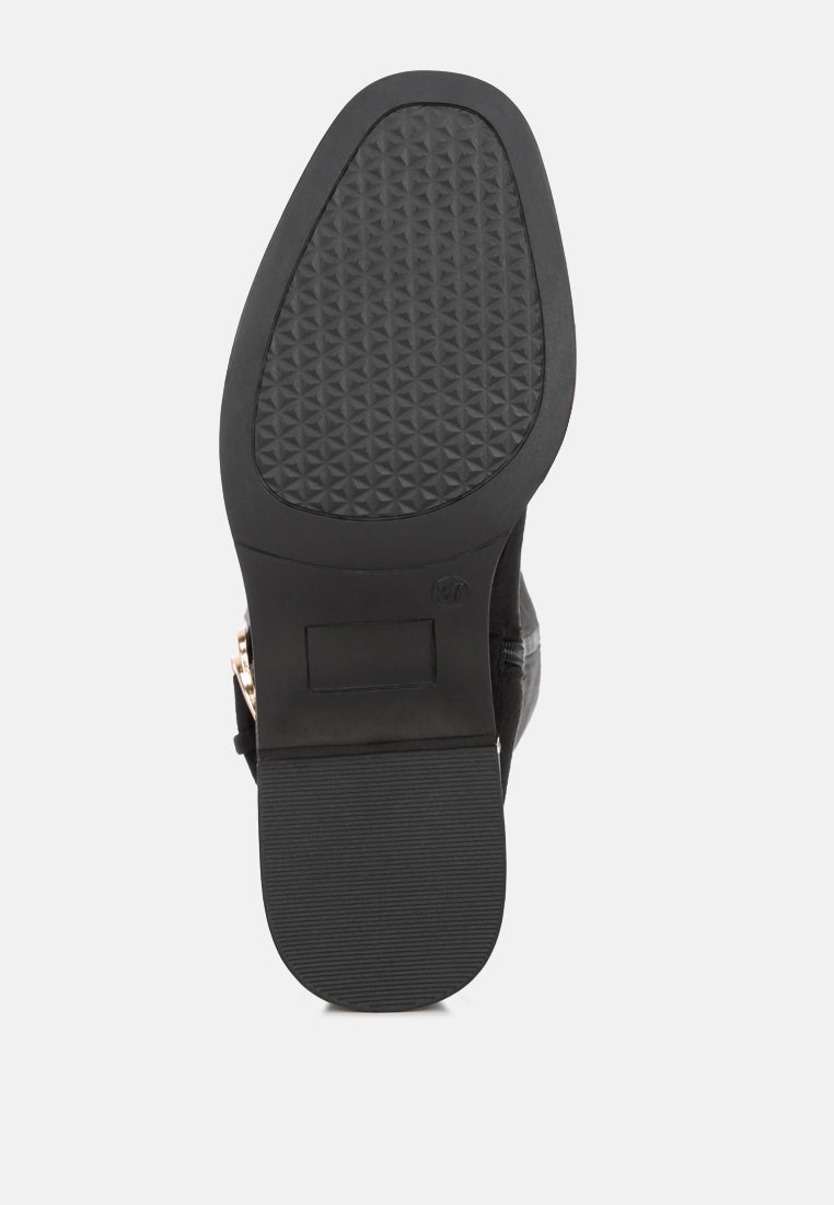 Lewang Metallic Buckle Detail Long Boots#color_black-suede