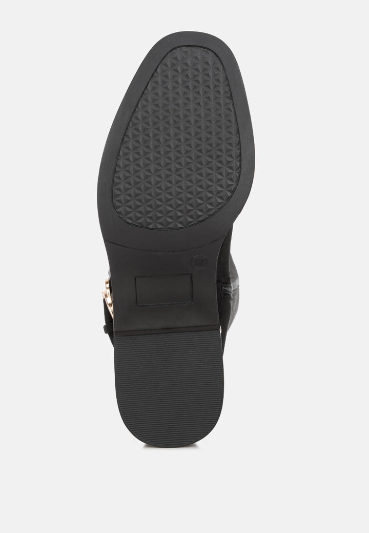 Lewang Metallic Buckle Detail Long Boots#color_black-suede