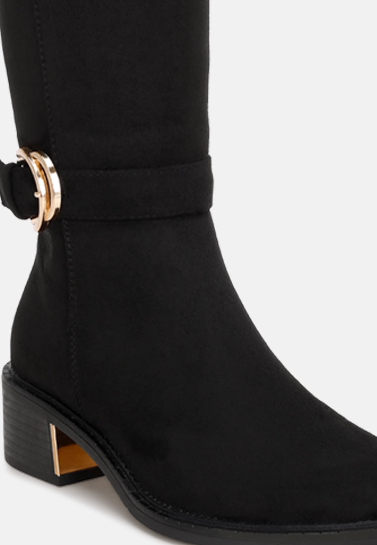 Lewang Metallic Buckle Detail Long Boots#color_black-suede