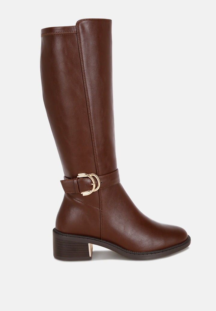 Lewang Metallic Buckle Detail Long Boots#color_brown-smooth