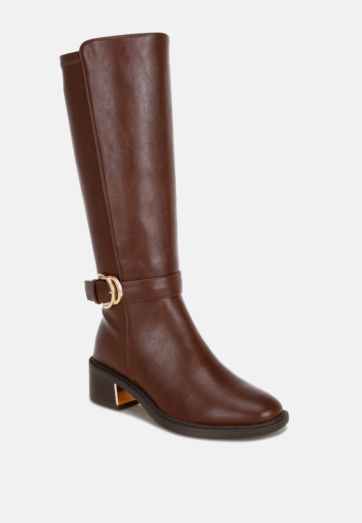 Lewang Metallic Buckle Detail Long Boots#color_brown-smooth