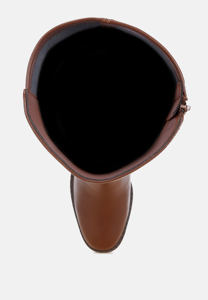 Lewang Metallic Buckle Detail Long Boots#color_brown-smooth