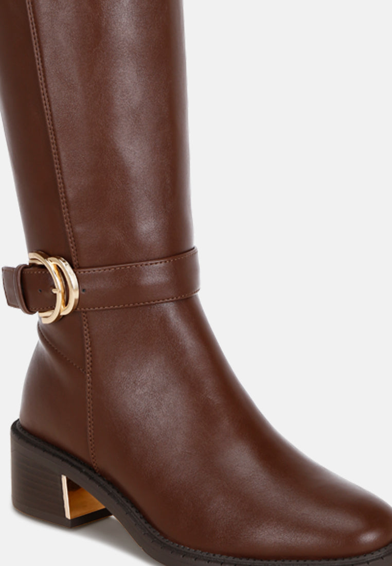 Lewang Metallic Buckle Detail Long Boots#color_brown-smooth