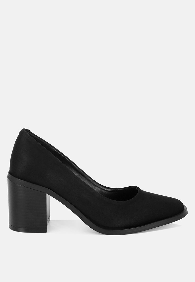 Amalina Almond Toe Block Heel Pumps#color_black-suede