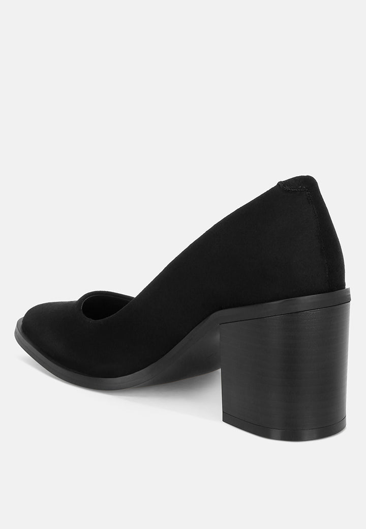 Amalina Almond Toe Block Heel Pumps#color_black-suede